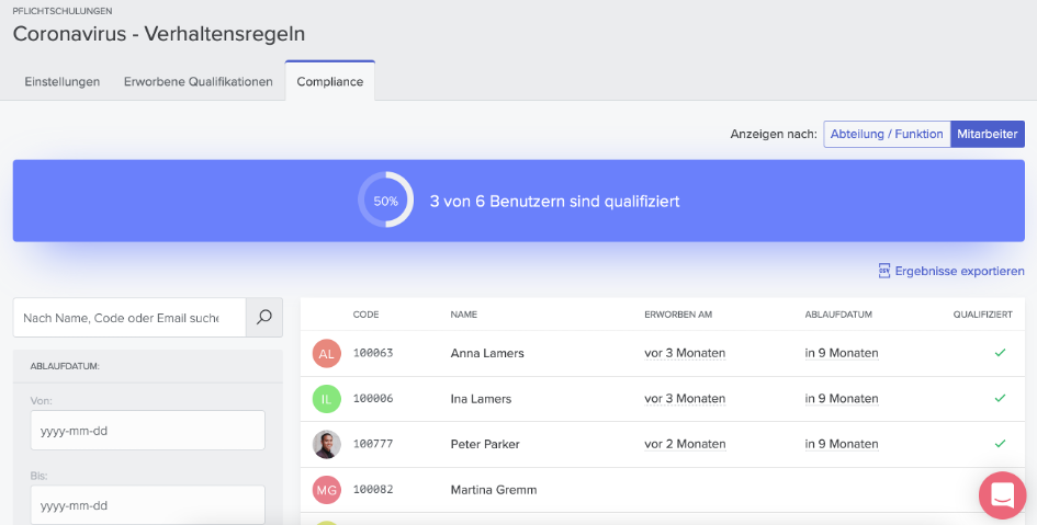 Filtern Sie in der Compliance-Ansicht für Mitarbeiter