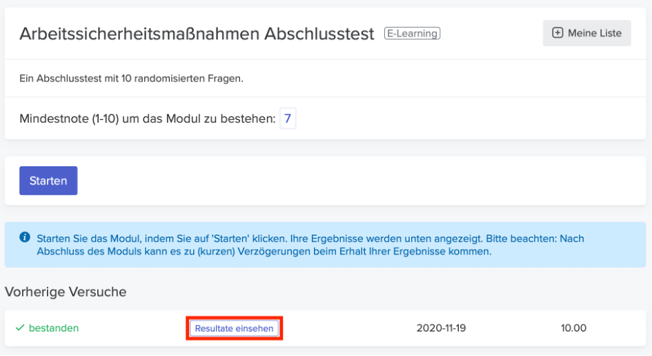 Zeigen Sie das Ergebnis der abgeschlossenen E-Learning-Module an